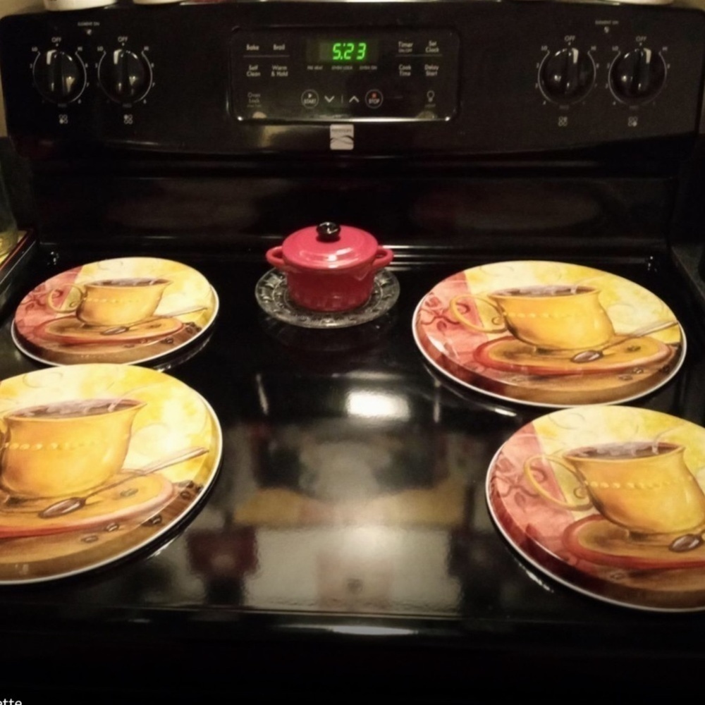 Stove Range Covers Coffee Themed Metal Round Set of 4 Gold Multicolor - Picture 9 of 14